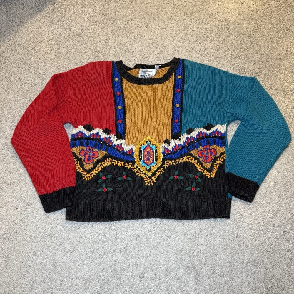 Marisa Christina Classics Vintage 90s Colorblock Folk Art Knit Sweater Womens